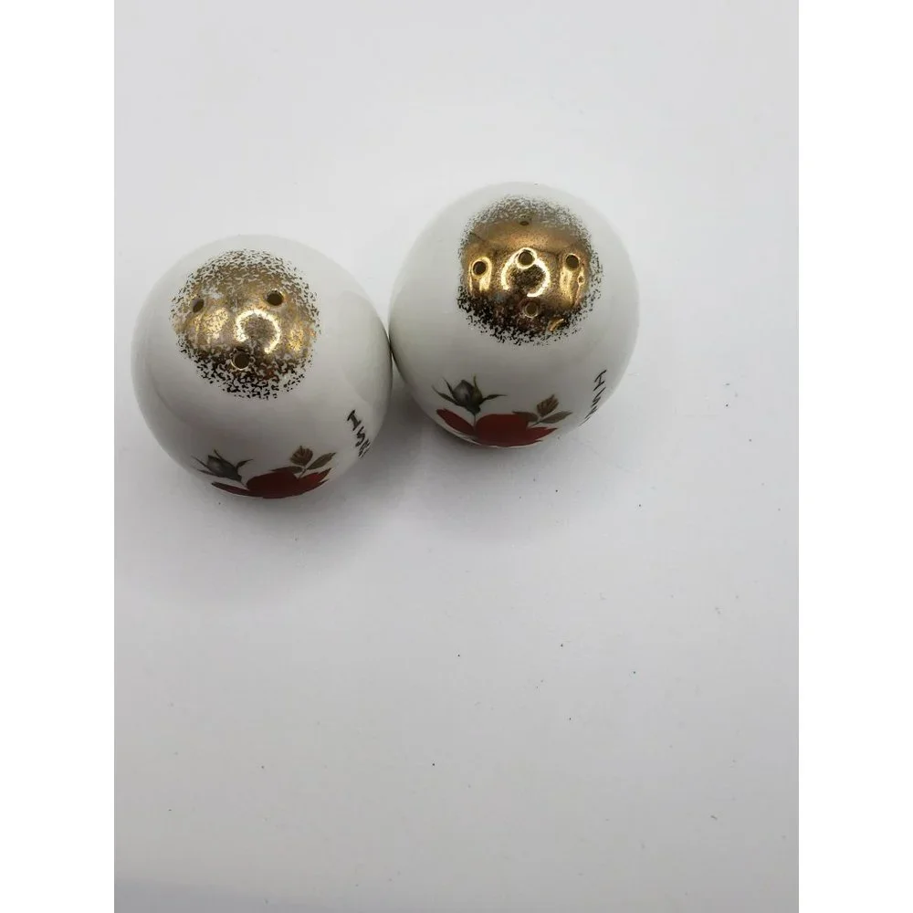 Vintage ISRAEL Signed Porcelain Hand Painted Rose Floral 14k Gold Salt Pepper Sh
